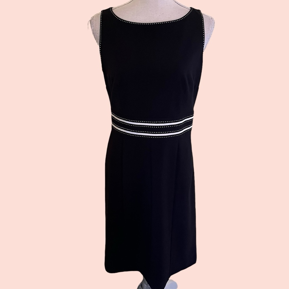Ann Taylor Black Sheath Dress with White Stitching and Waist Embellishme…